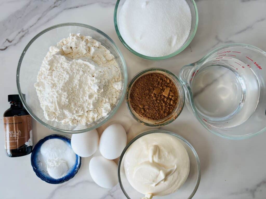 Baking ingredients on a marble surface: flour, sugar, cocoa powder, vanilla extract, eggs, yogurt, baking soda, and a measuring cup of water arranged in clear bowls and containers.