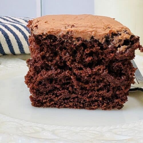A thick slice of chocolate cake sits on a white plate with a fork beside it. A blue and white striped cloth is in the background.