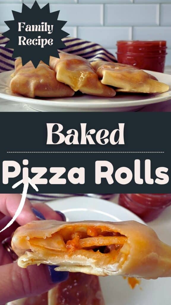 A plate of golden baked pizza rolls sits next to a jar of red sauce. A hand holds a pizza roll with a cheesy, saucy filling exposed. Text reads: Family Recipe. Baked Pizza Rolls.