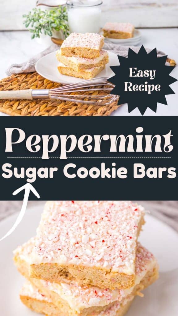 Three peppermint sugar cookie bars on a white plate, topped with crushed peppermint. Text reads Easy Recipe: Peppermint Sugar Cookie Bars. A glass of milk, whisk, and a plant are in the background.