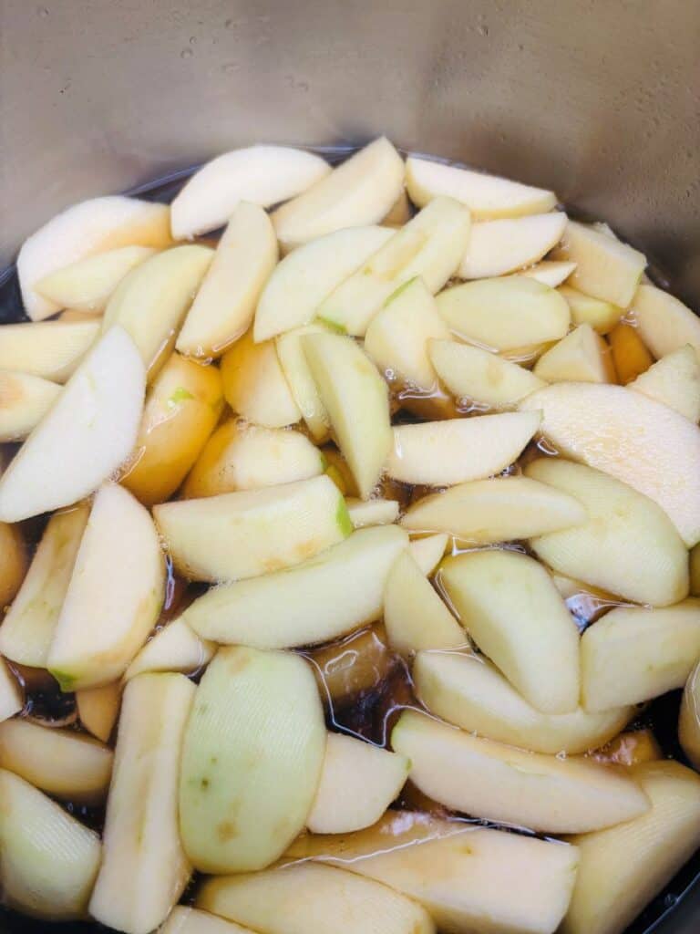 Sliced apples soaking in cider inside a metal pot. The mixture appears to be in the initial stages of cooking or preparation for a recipe.