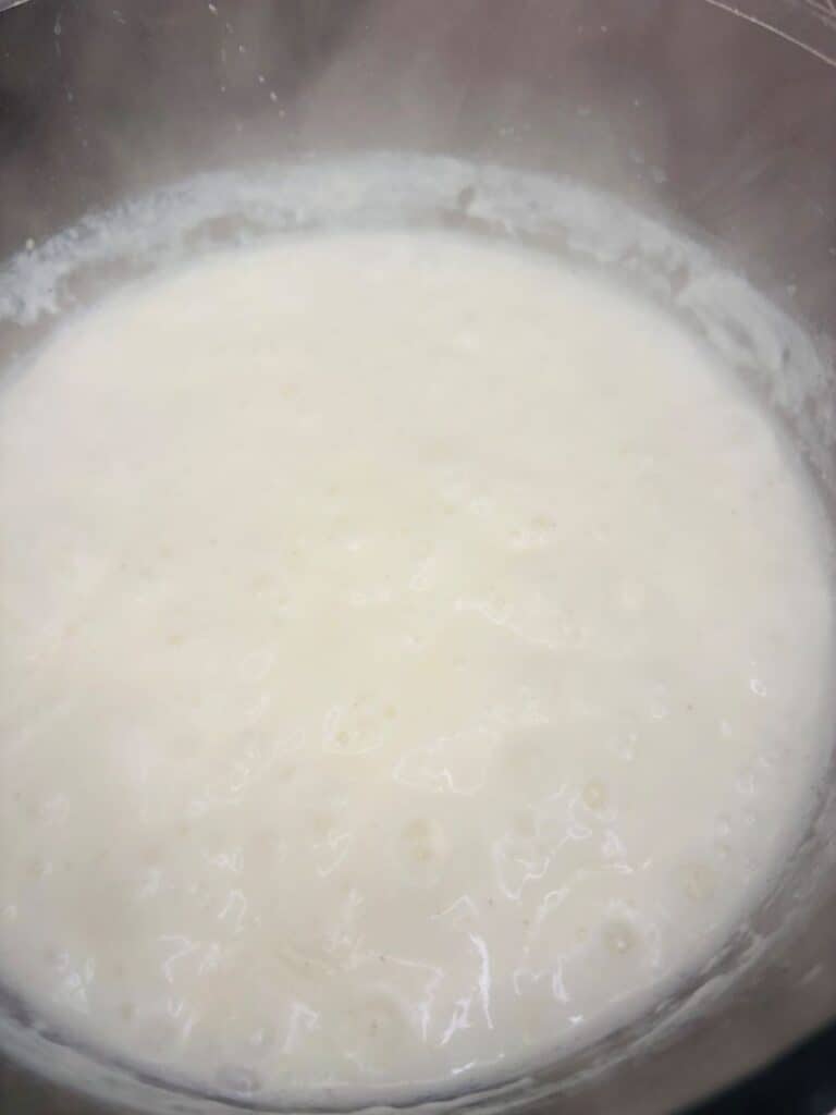 A close-up of a pot filled with a boiling, frothy white liquid, possibly milk or a creamy sauce, with steam rising from the surface.