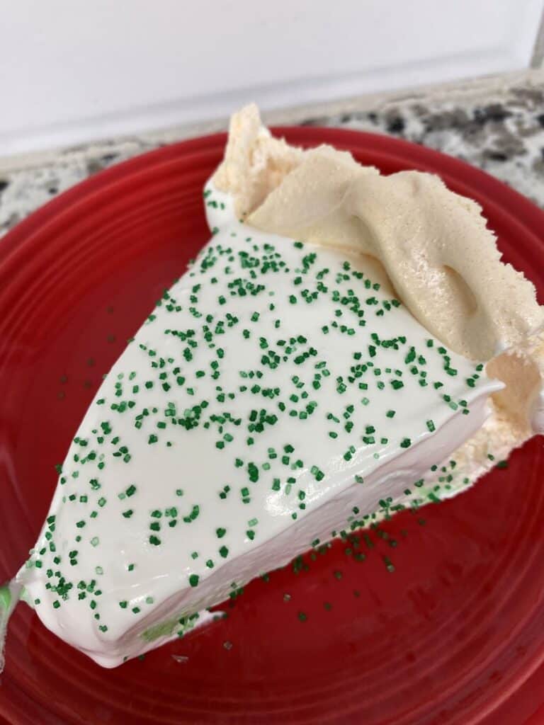 A slice of meringue pie with white topping and green sprinkles sits on a red plate, with a textured crust and creamy filling visible.