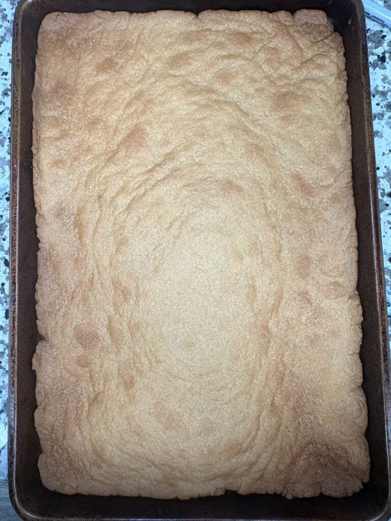 A rectangular, golden-brown baked dessert with a slightly uneven, textured surface in a dark baking pan, sitting on a granite countertop.