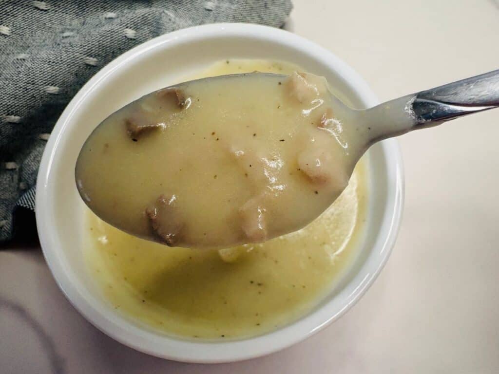 A spoonful of creamy soup with small chunks held above a white bowl filled with the same soup, next to a gray textured cloth.